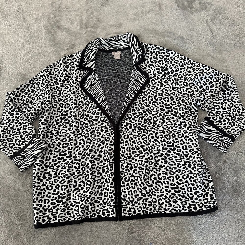 Chico's Sweater Cardigan 3 XL 16/18 Animal Print Zebra Cheetah Black White